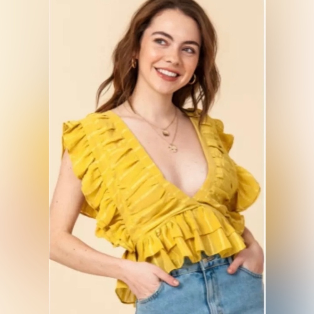Favlux fashion mustard yellow ruffle top